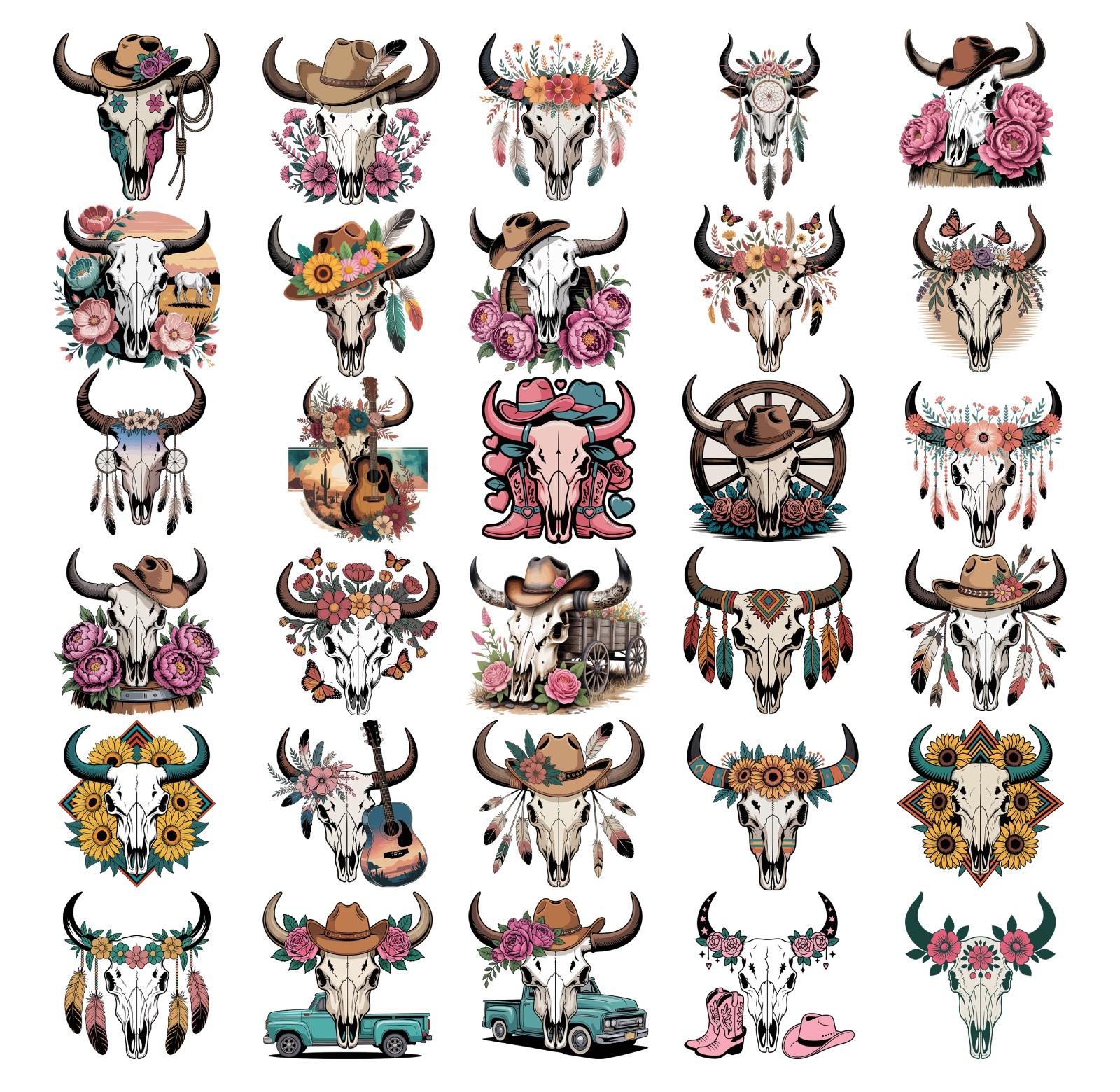 Western Boho Bull Skull Clipart Bundle, western PNG, Western Sublimation,