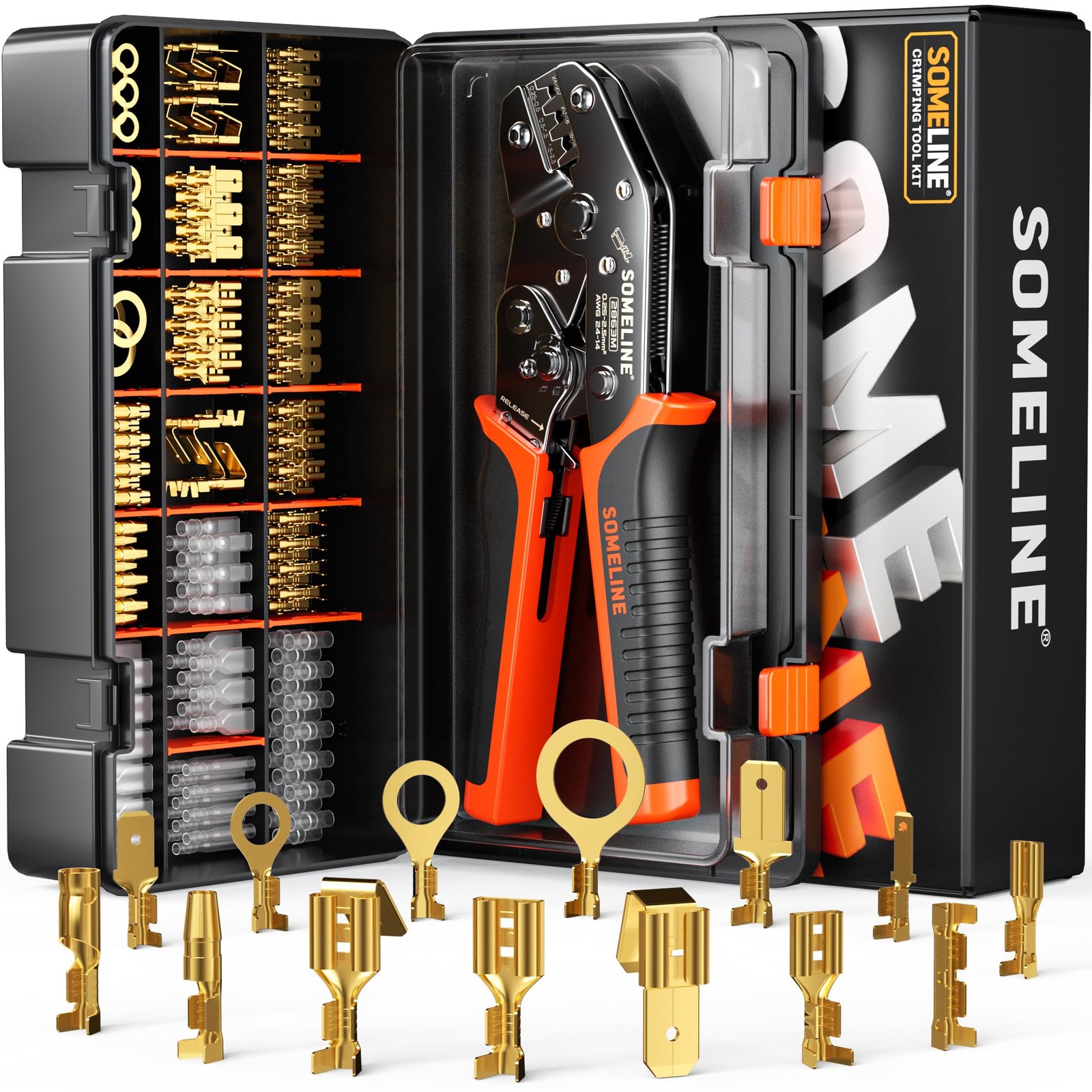 SOMELINE Open Terminal Connector Crimping Tool Kit, 14 Types, Orange, Black