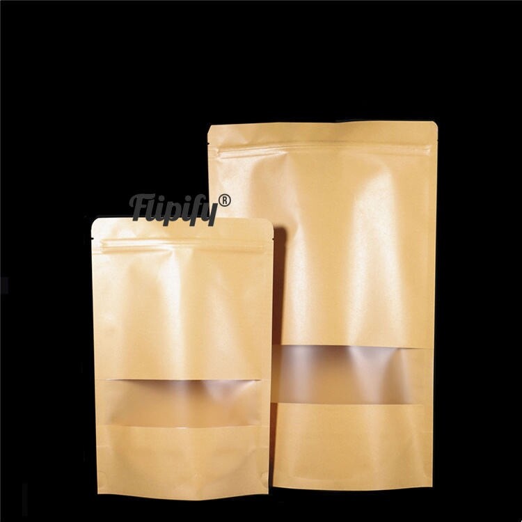 Kraft Paper Stand Up Pouch Clear Window Sealable for Zip Food Pack Lock Bag