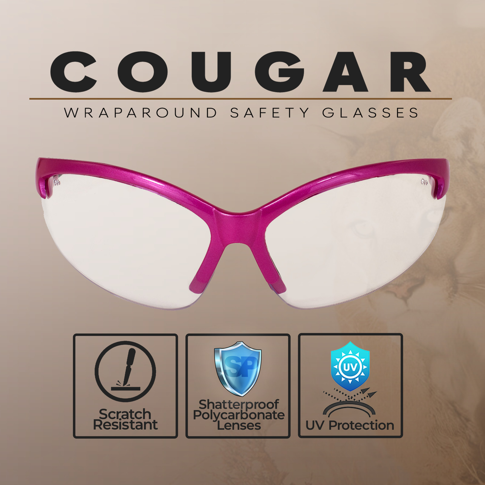 Global Vision Cougar Hot Pink Safety Glasses with Clear Lenses