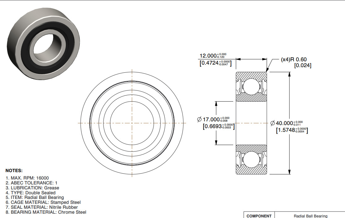 Special Size/Non-Standard, Radial Ball Bearing ID 17mm x OD 40mm x 12mm