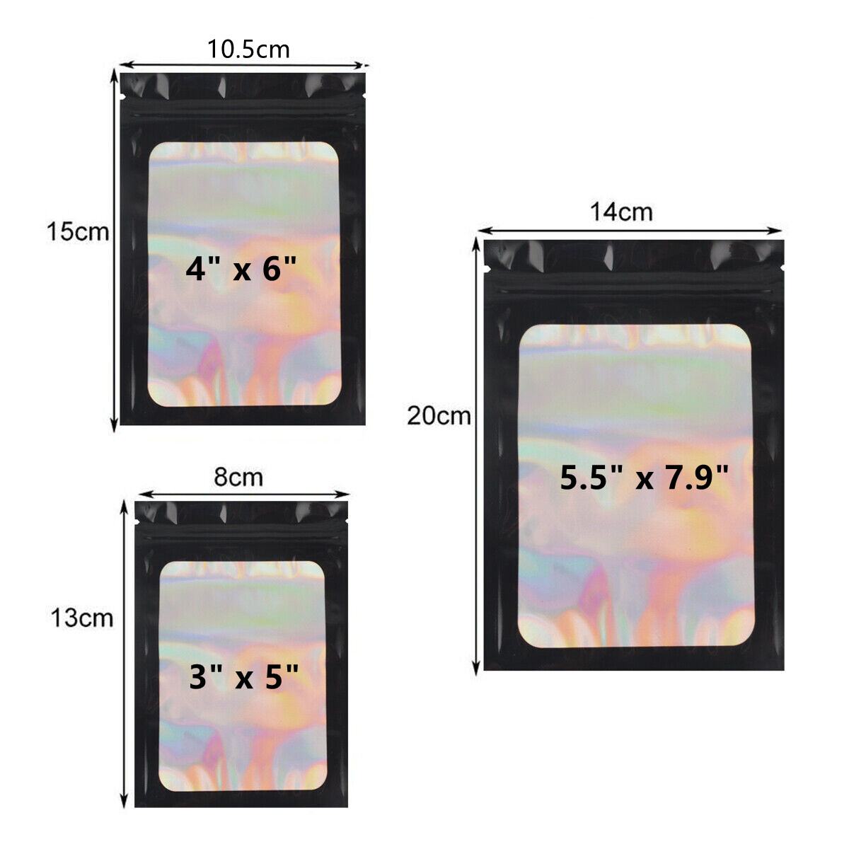 400 pcs Holographic Mylar Foil Bags Smell Proof Resealable Zip Lock Pouch Black