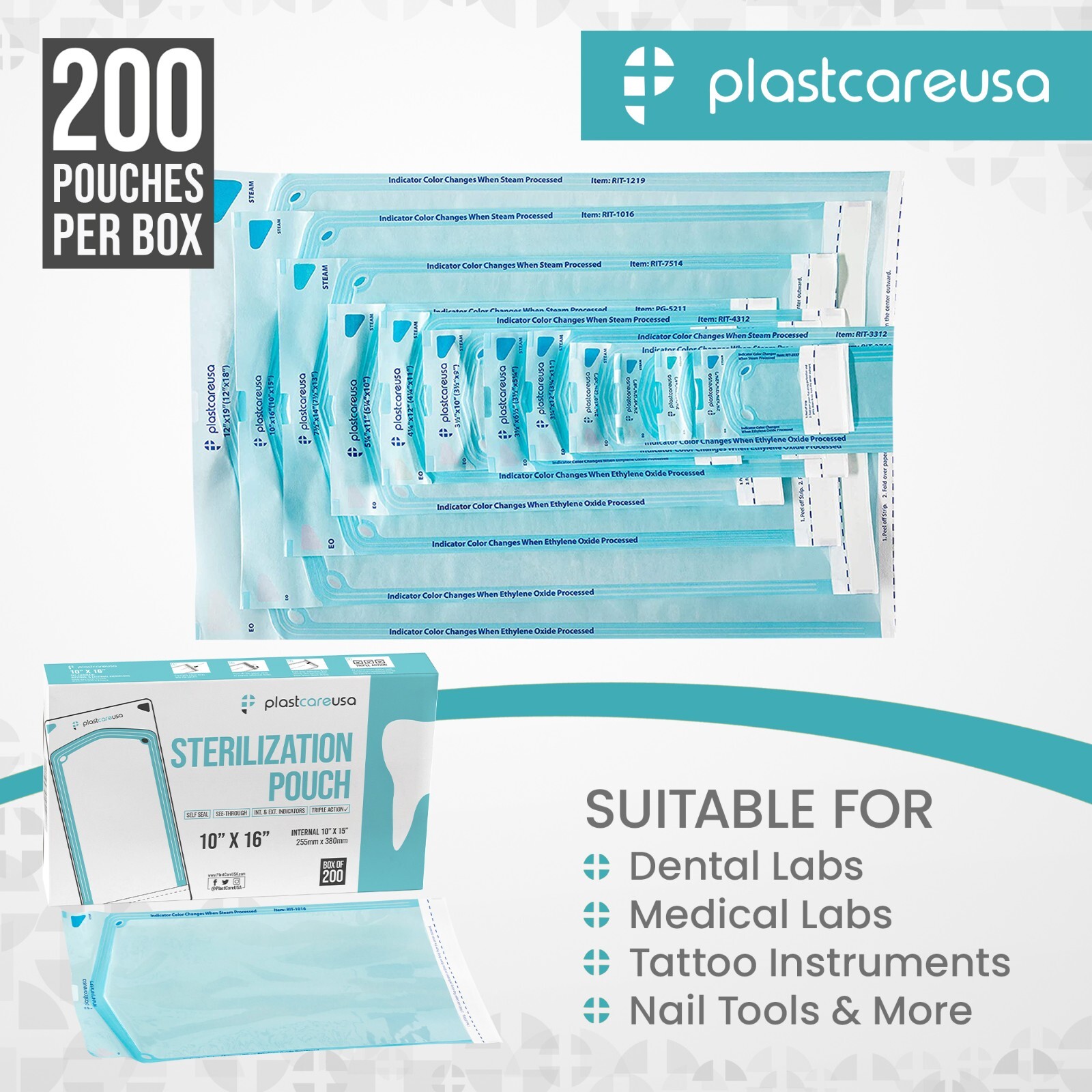 10″ x 16″ Self-Sealing Sterilization Pouches for Autoclave (1 Box of 200)
