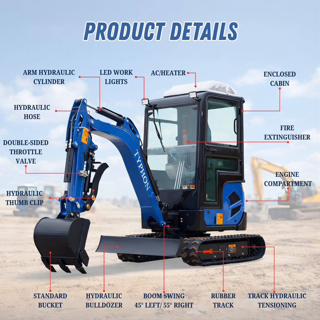 TYPHON TERROR XVII Cabin Mini Excavator 4000lb Kubota D902 with 13 Attachments
