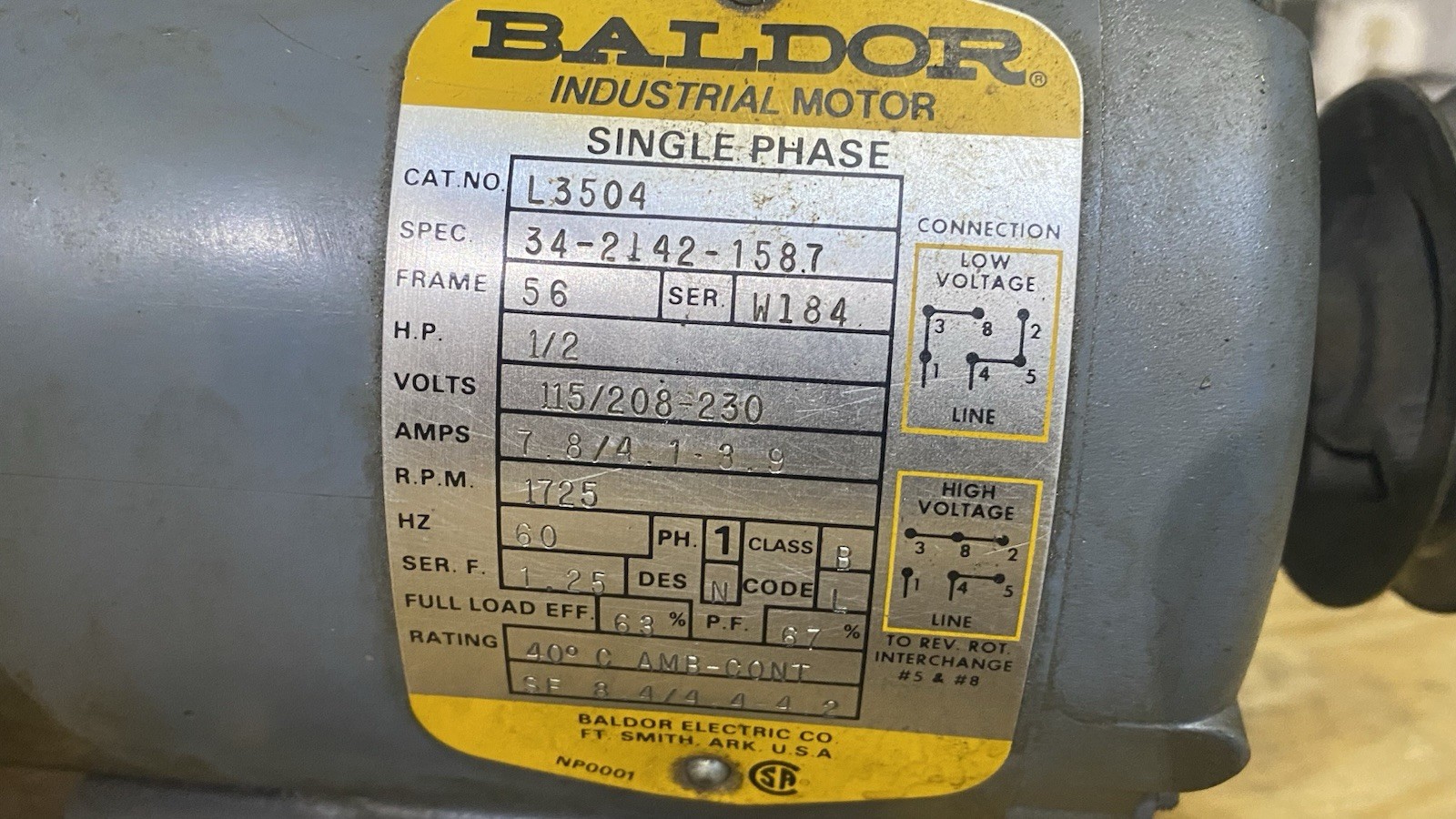 Baldor Electric L3504 1/2 HP 1725 RPM General Purpose Motor, Lathe Mill Shaper