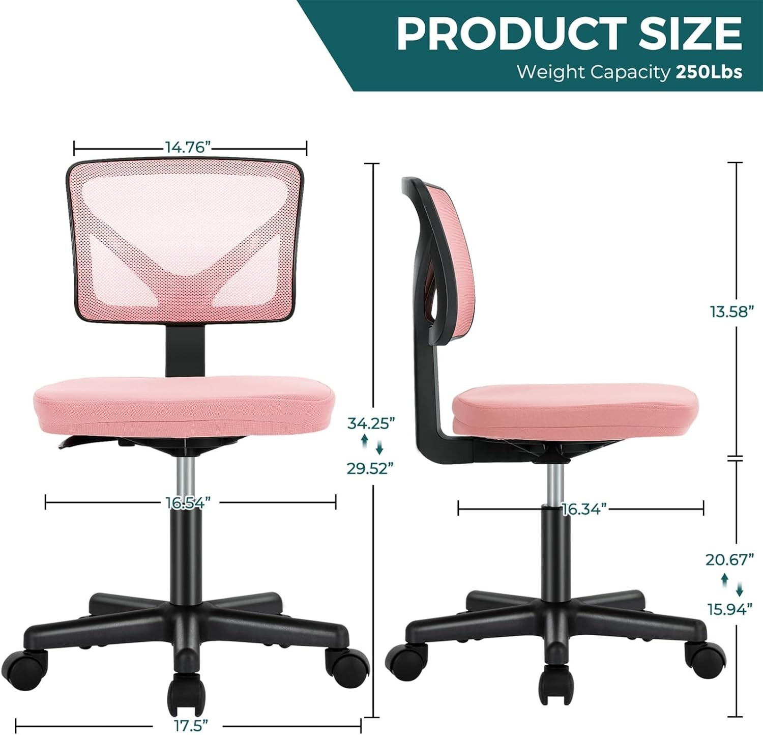 Ergonomic Hot Pink Armless Office Chair – Adjustable & Rolling for Small Spaces