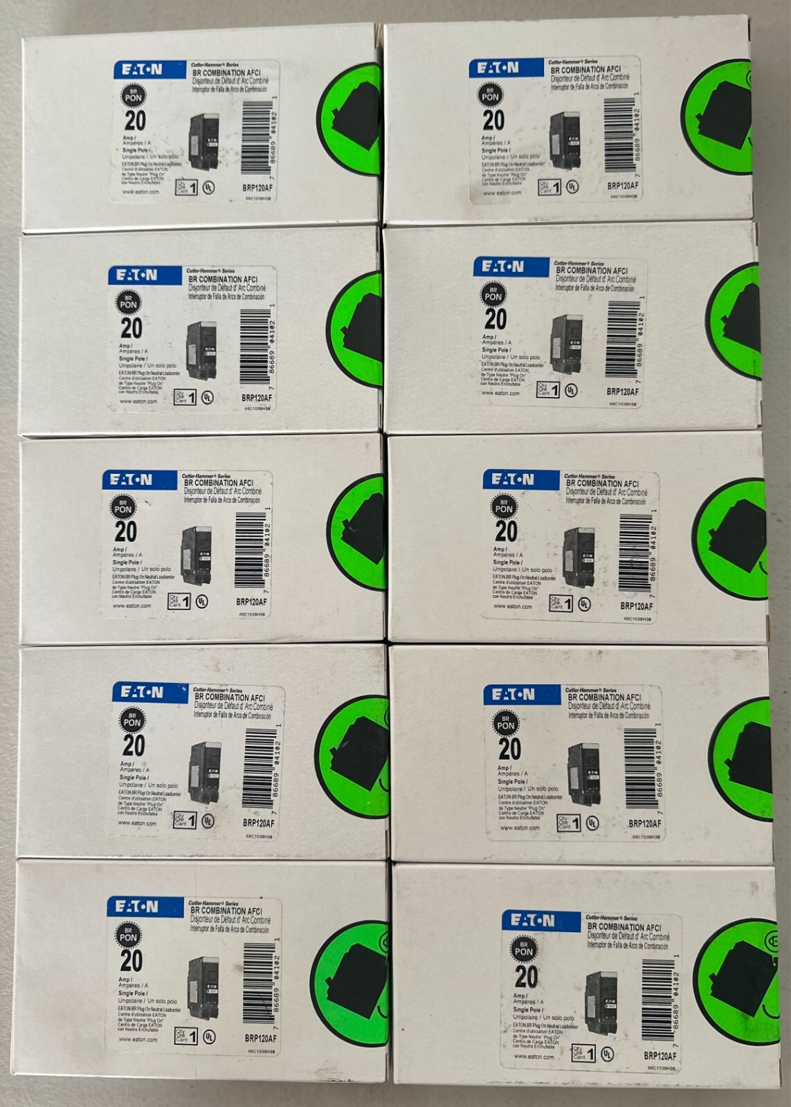 10 PCS Eaton BRP120AF 20A 120/240V Arc Fault Circuit Breaker