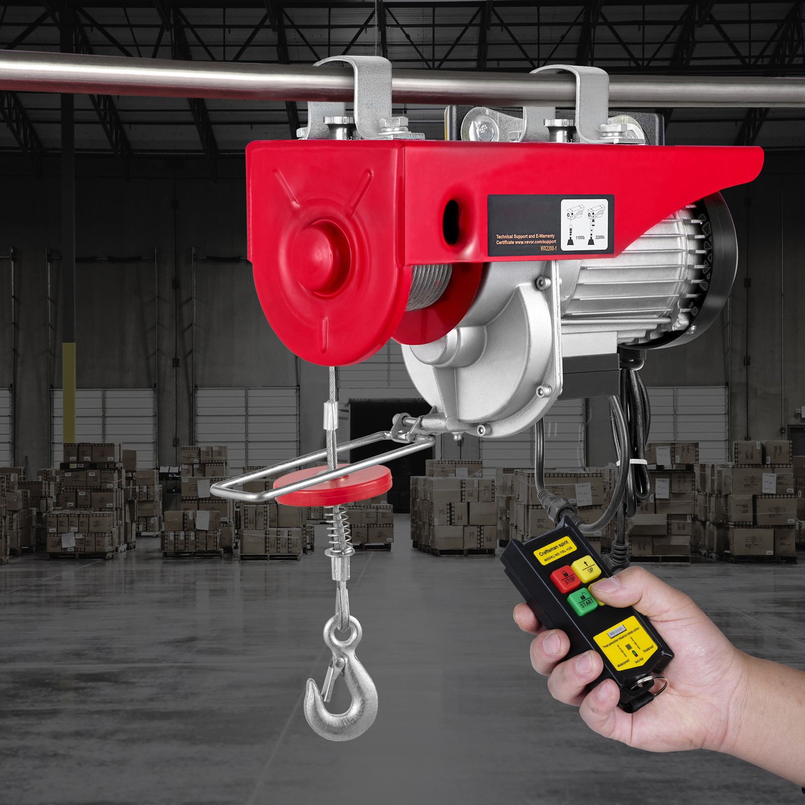VEVOR Electric Hoist 2200lbs Crane Winch with 328ft Wireless Remote Control 110V