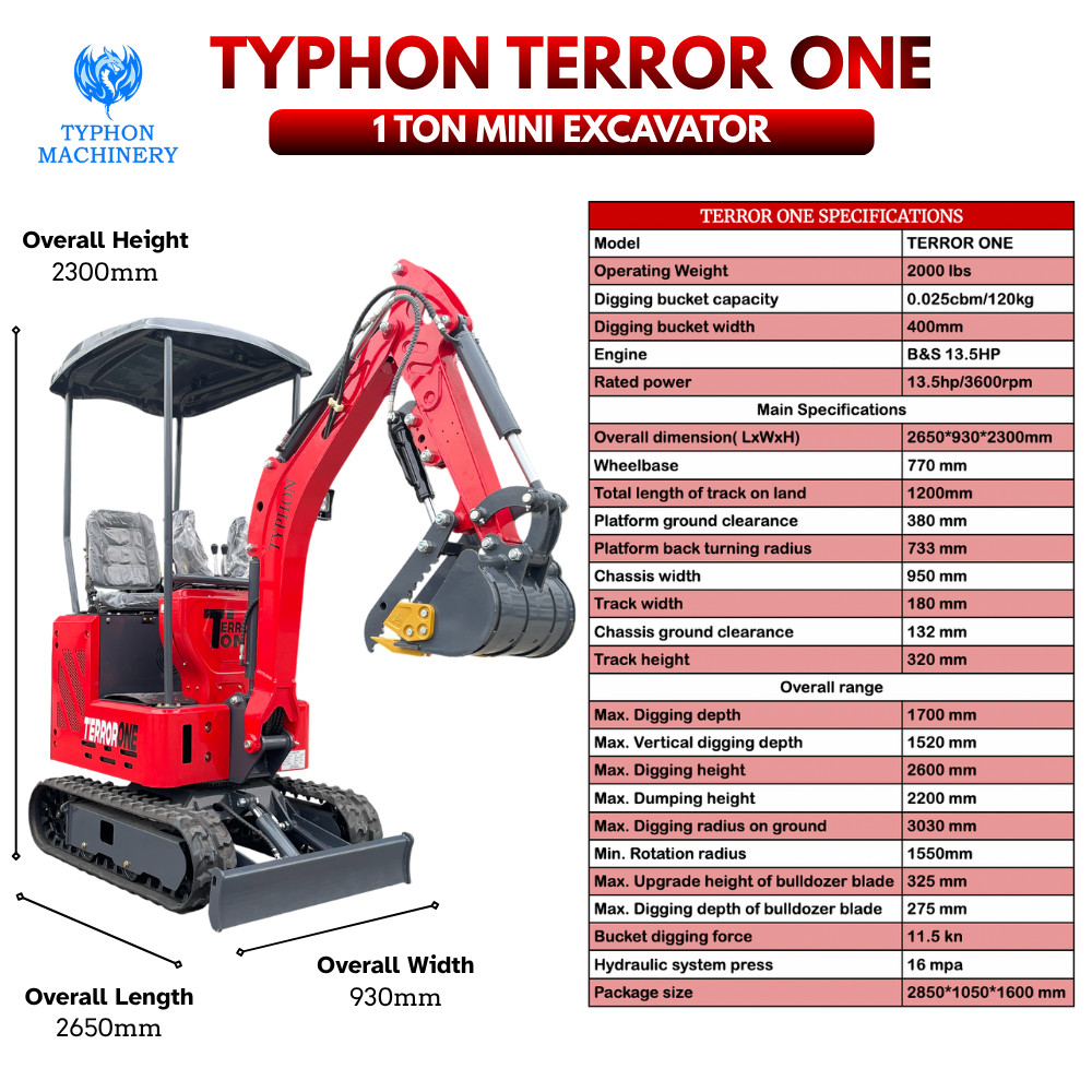 Mini Excavator TYPHON TERROR ONE STORM 1 Ton 13.5 hp B&S engine 13 Attachments