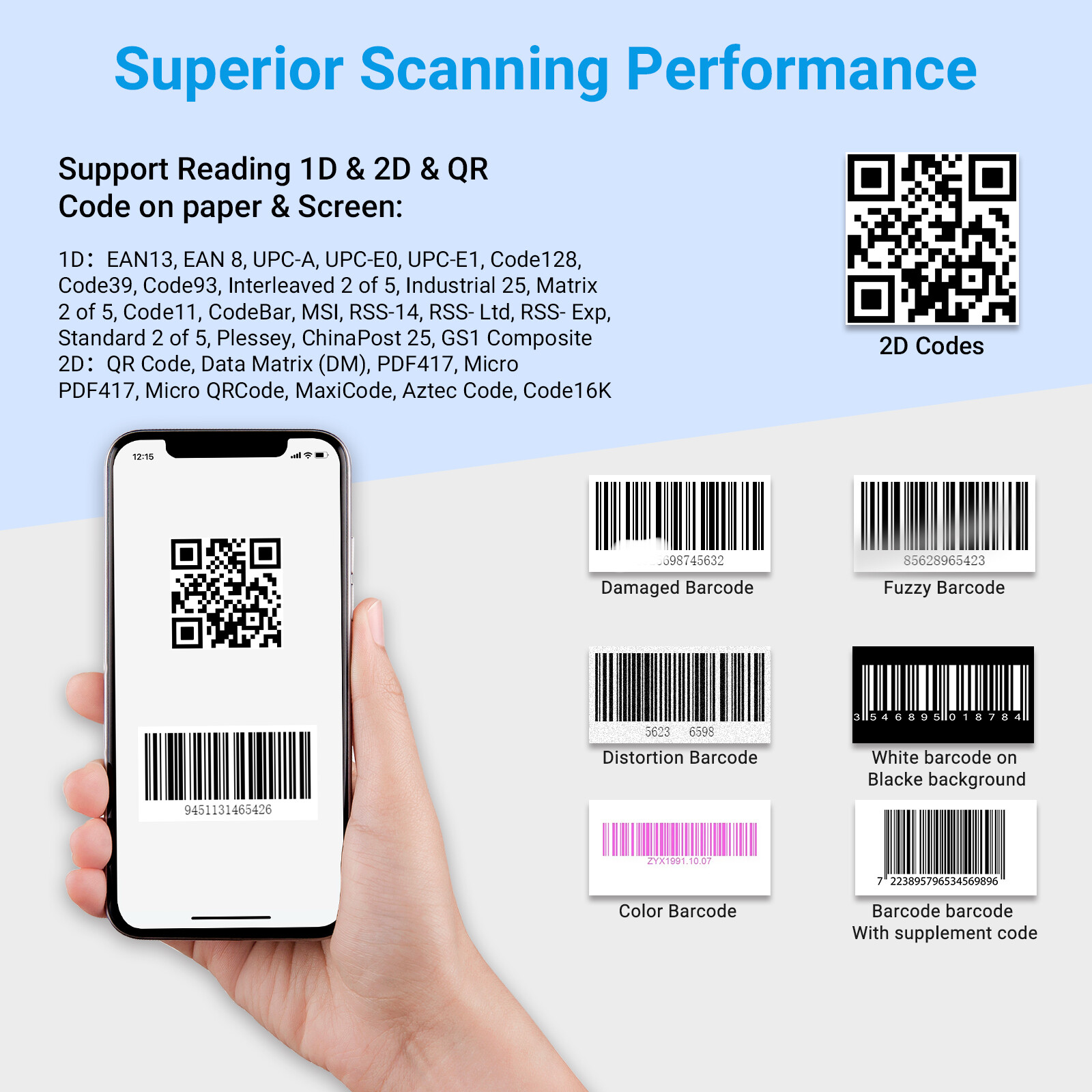 Handhold Wireless Code Scanner Bluetooth USB QR Code Reader for Store Warehouse