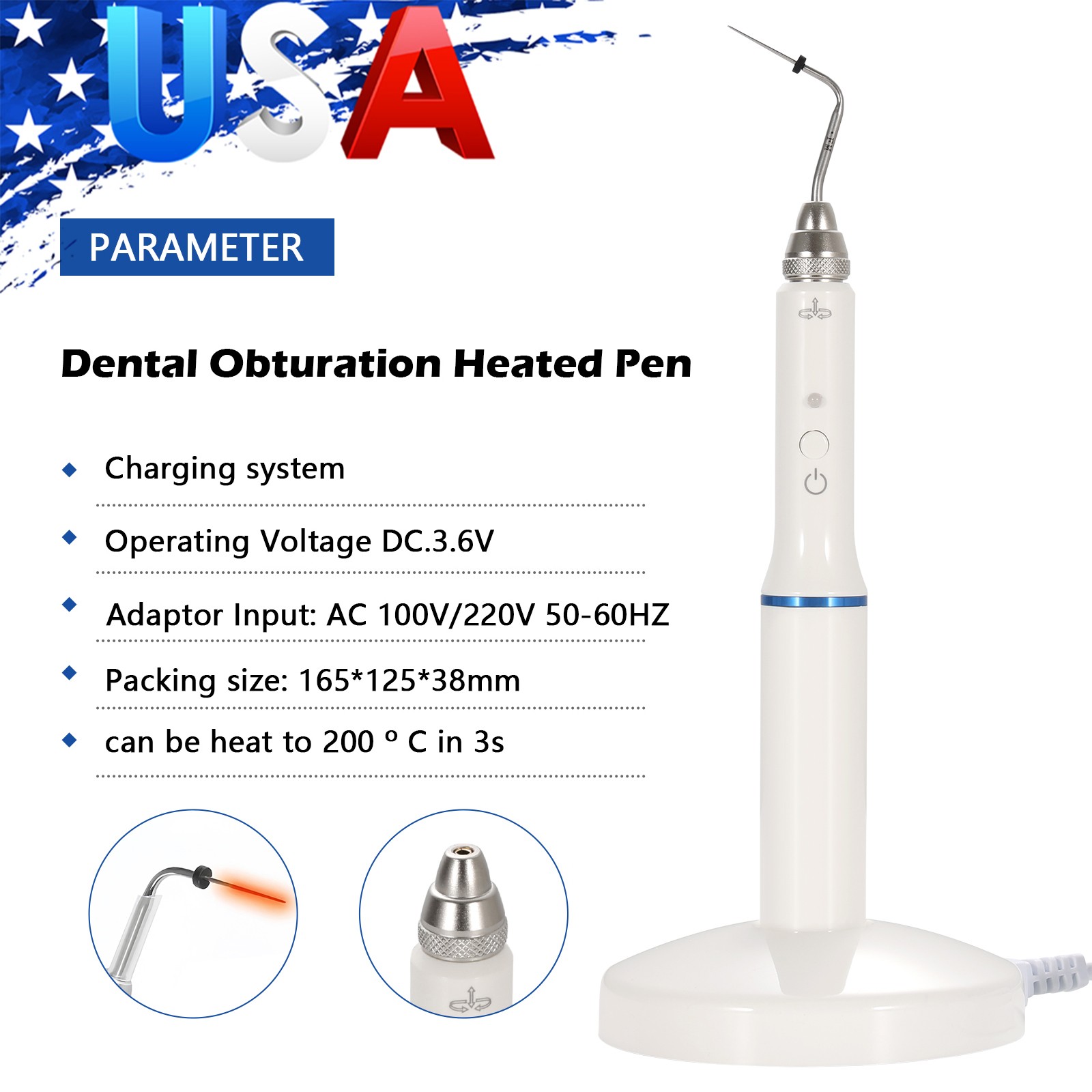 Dental Cordless Gutta Percha Obturation System Endo Heated Pen With 2 Tips CE