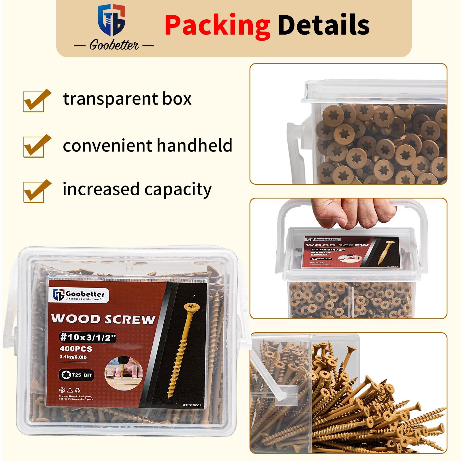 #10×3-1/2″ 400Pcs Wood Screws T25 Torx Drive Self Tapping For Furniture DIY Set