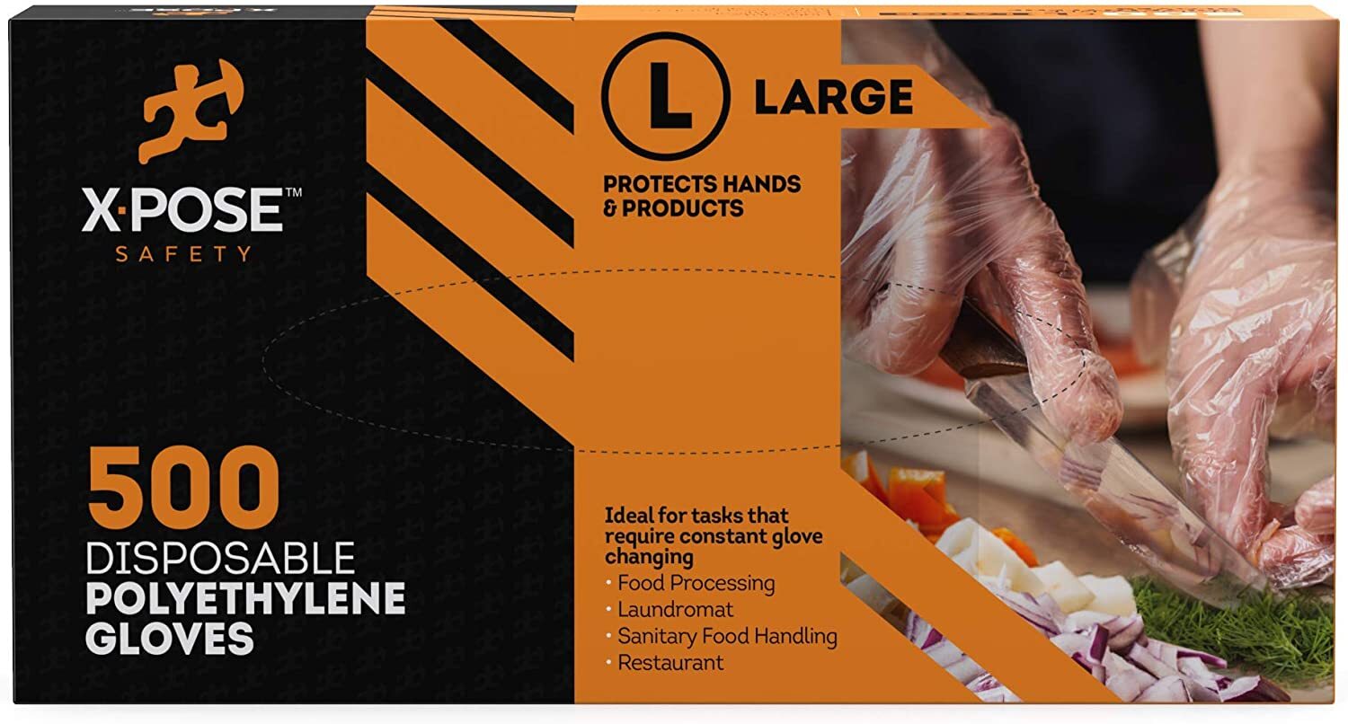 500 Clear Poly Gloves -Single Use, Transparent, Non Latex, Size Large