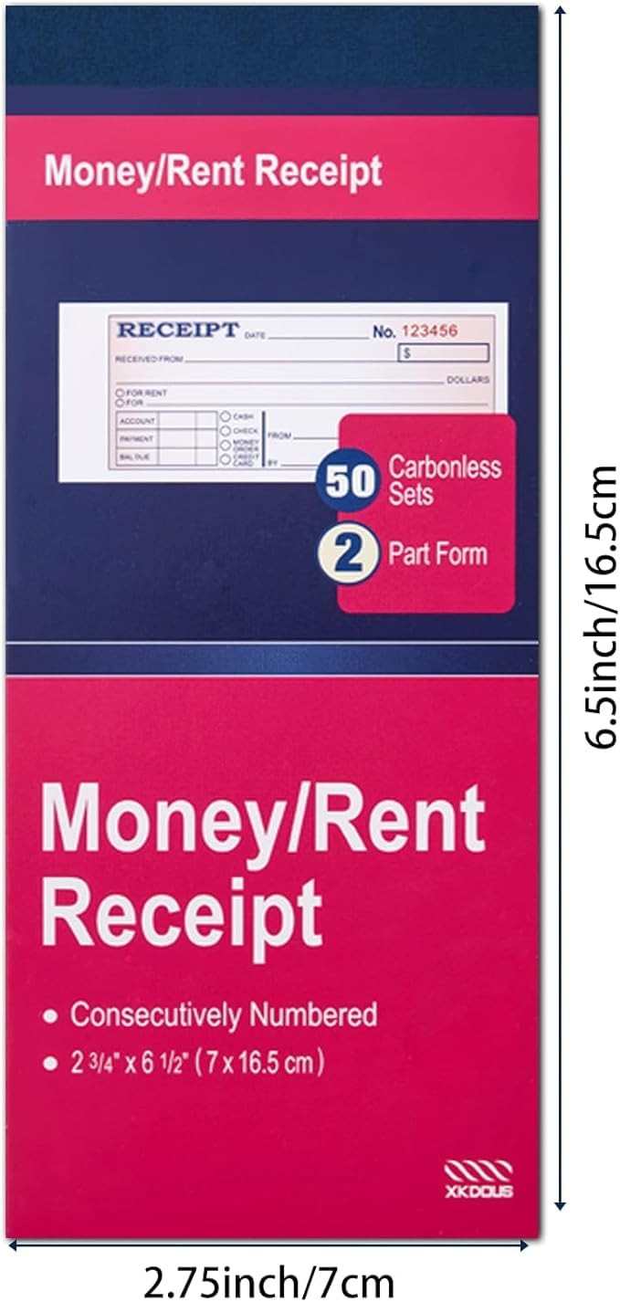 XKDOUS 2 Pack Money and Rent Receipt Book, 2-Part Carbonless, 2-3/4 x 6-1/2