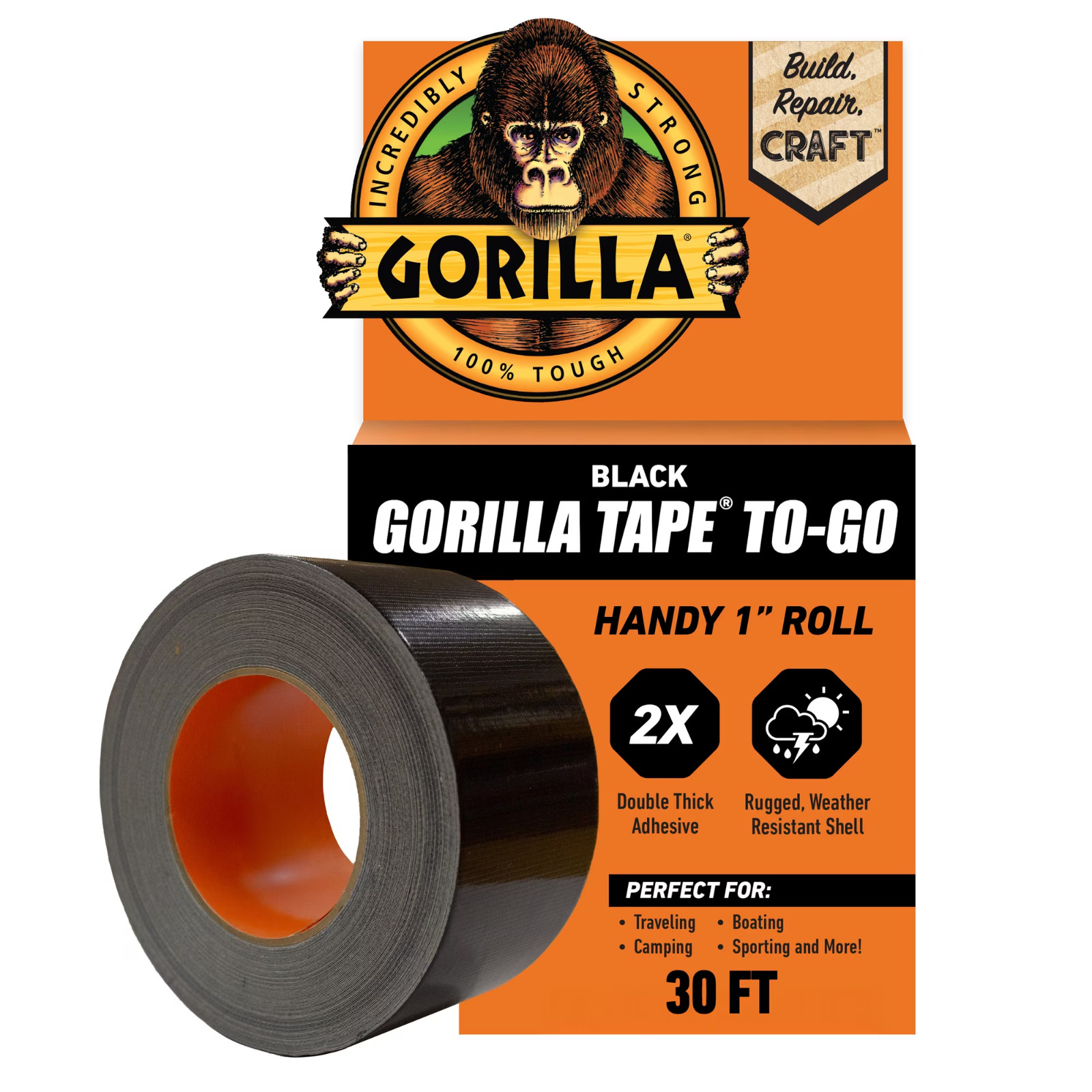 (2 pack) Gorilla Black Duct Tape to-Go, 1 in x 30 ft Single Roll