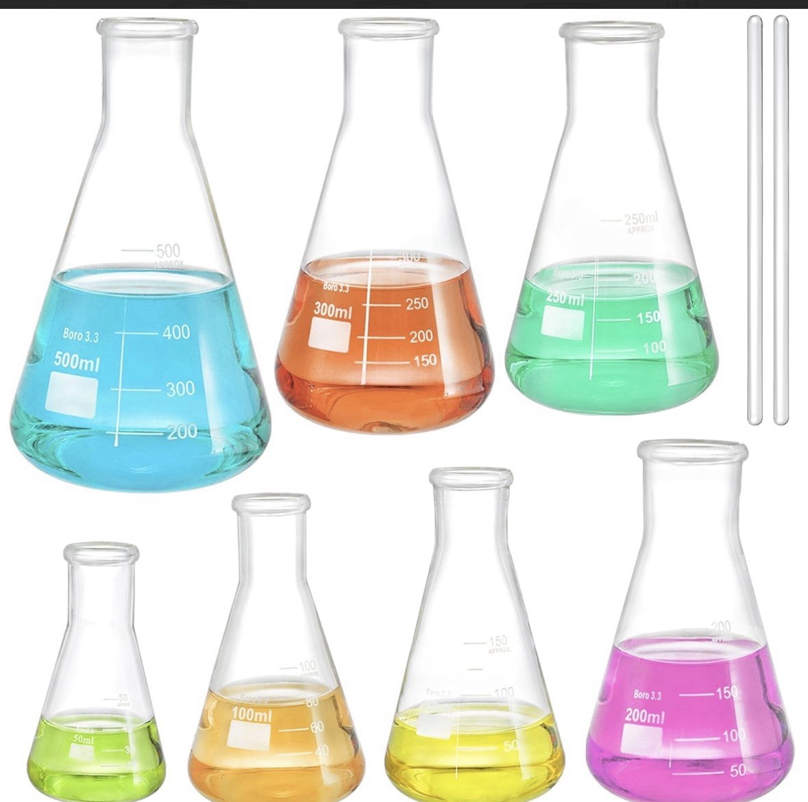 Set Of 7 Narrow Mouth Glass Erlenmeyer Flasks, 50/100/150/200/250/300/ 500 ml