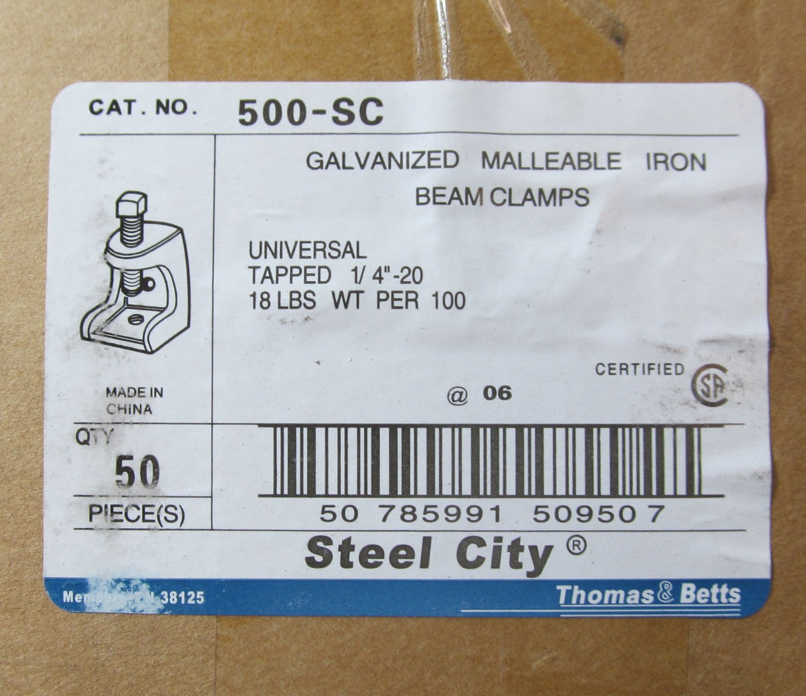 50-PACK THOMAS & BETTS STEEL CITY 500-SC UNIVERSAL BEAM CLAMPS TAPPED 1/4″-20