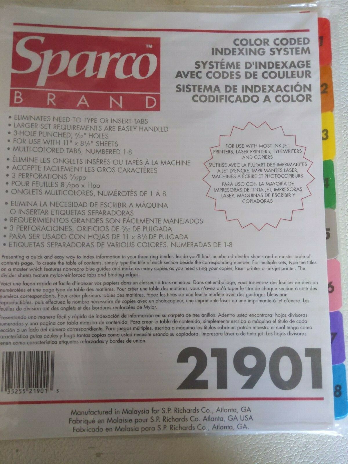 LOT of 3 Sparco Color Coded Indexing System 1-8 – 8.50″ X 11″ White