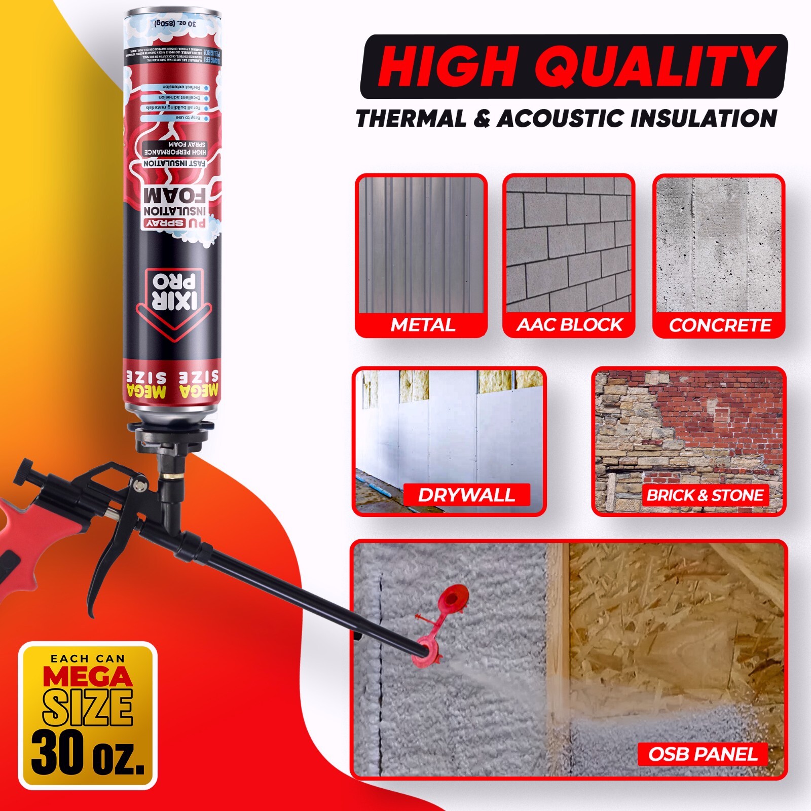 Spray Foam Insulation Can (12 x 30 oz. / 850 g) Expanding Sealant, High Density