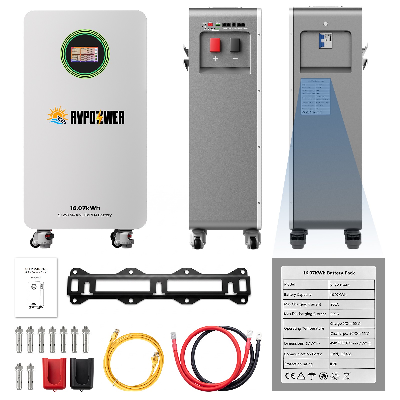 48V 314AH 16.07kWh Lithium Battery LiFePO4 Vertical Standing RV Solar Backup UPS