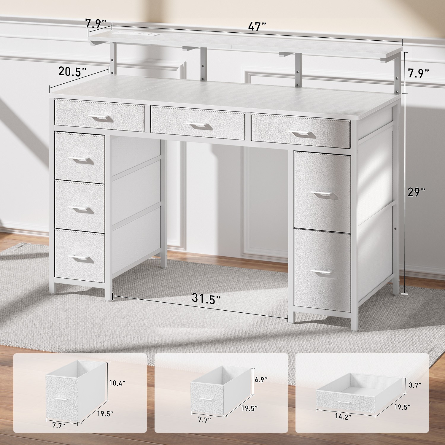Computer Desk with Drawers & Power Outlet, Gaming Desk with Monitor Stand, White