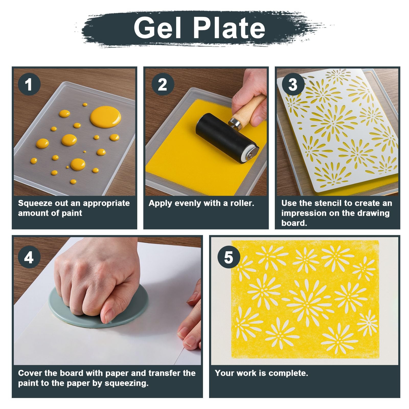 5×7 Inch Gel Plate Printing Kit Rubber Roller Watercolor Stencils Paper