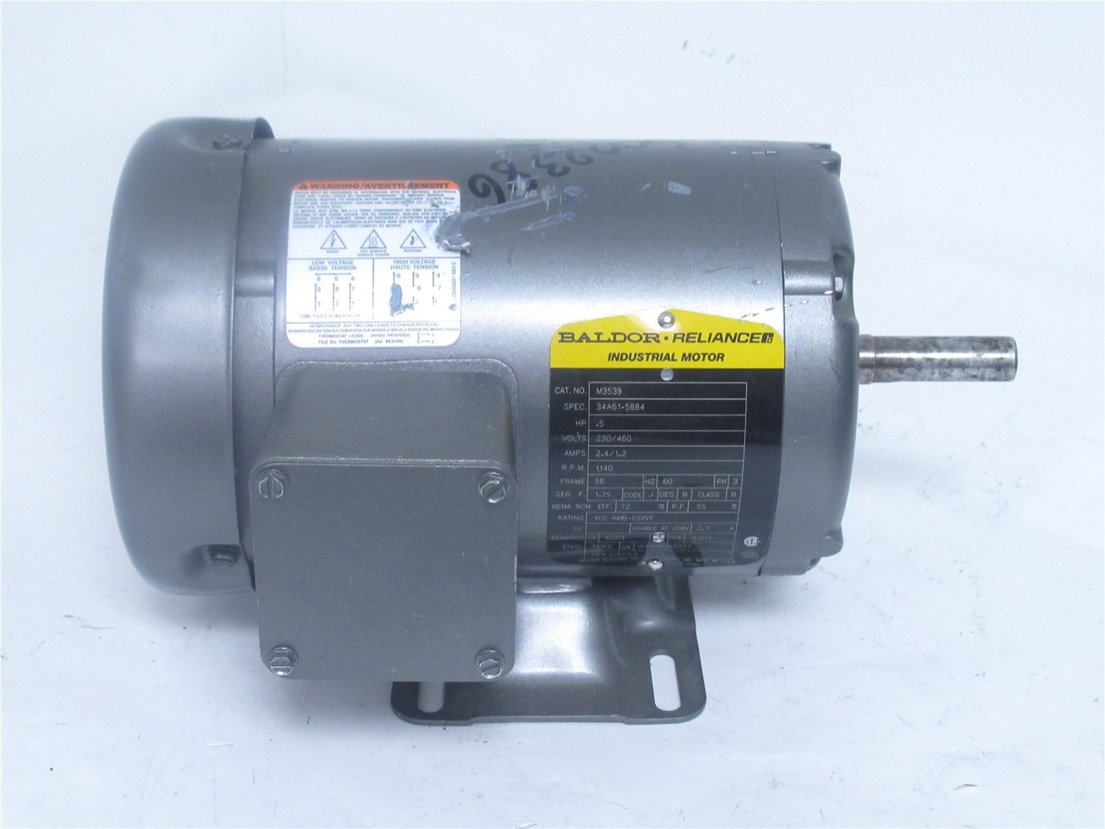 236240 Old-Stock; Baldor M3539 AC Motor 1/2HP ; 230/460V ; 1140RPM ; 3PH
