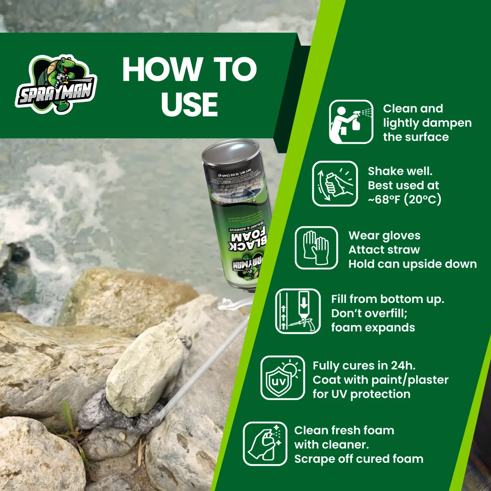Sprayman Black Foam Sealant – Pond Waterfall Landscaping, 12oz 2 Pk – Straw Use