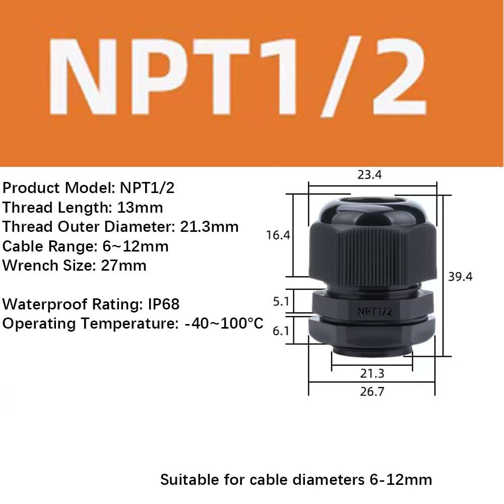 10 Pack 1/2″ NPT Cable Gland Waterproof IP68 Nylon Cable Pass Through Cord Grip