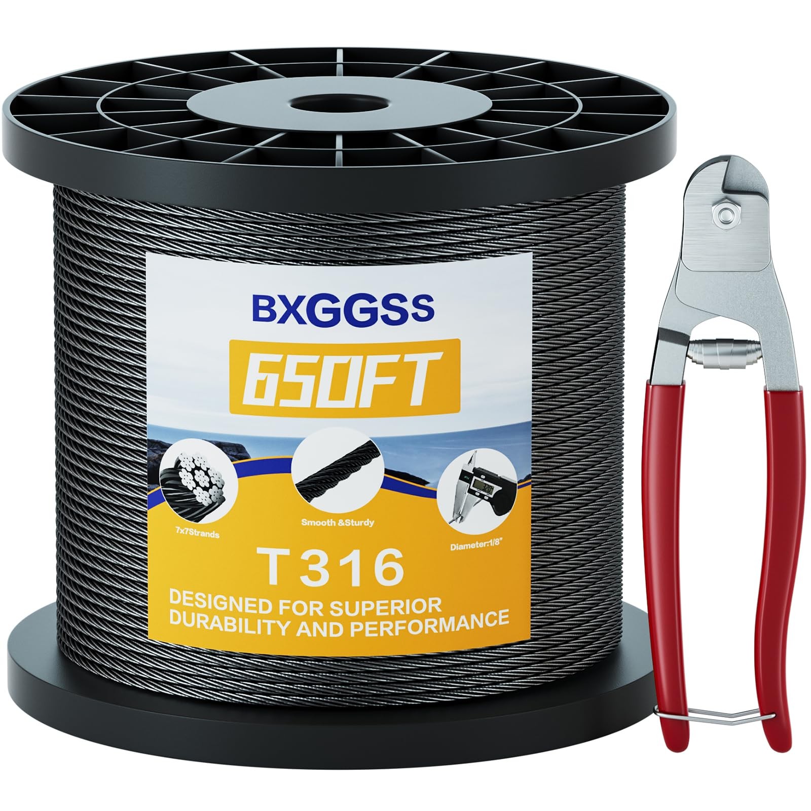 T316 Black Stainless Steel Cable 1/8″ – 650FT Heavy Duty for Railing & DIY