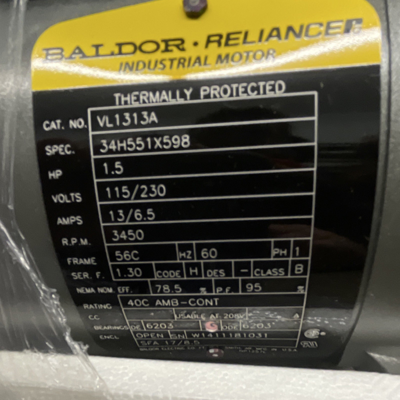 Baldor Reliance VL1313A 1.5 HP 115/230V 3450 RPM 56C Single Phase Motor