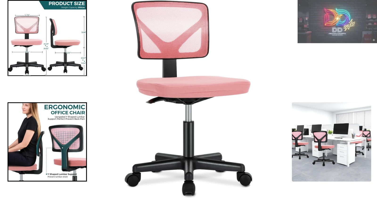 Ergonomic Hot Pink Armless Office Chair – Adjustable & Rolling for Small Spaces