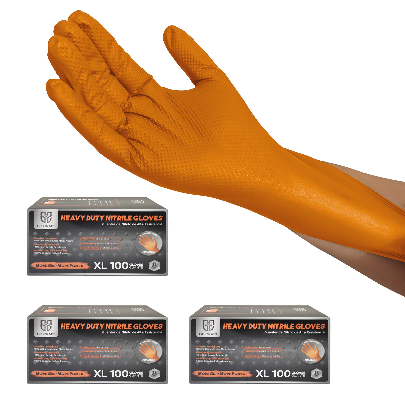 8Mil Orange Disposable Nitrile Gloves 3-Pack Diamond Grip Heavy Duty Latex Free