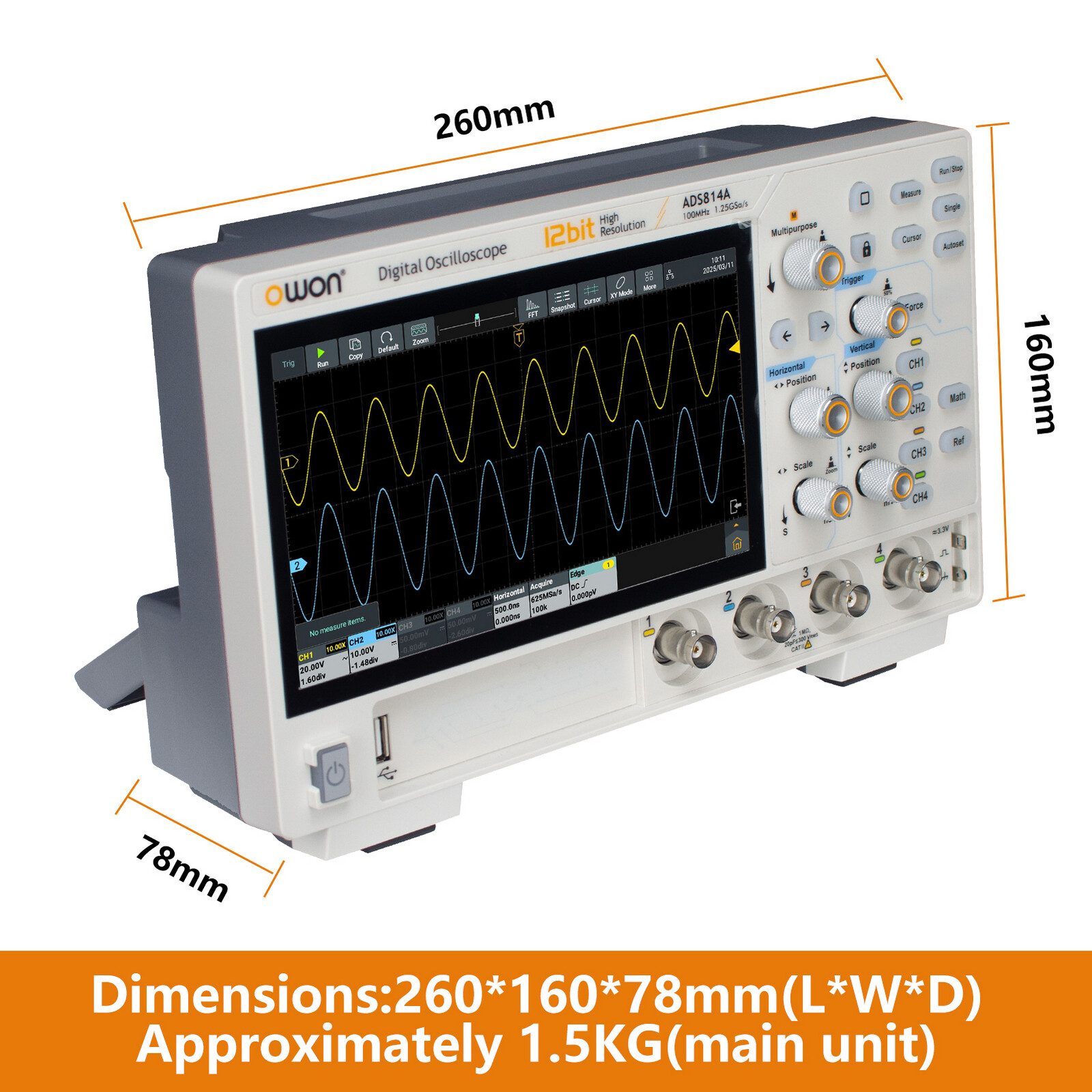 Owon ADS814A 12bits Digital Oscilloscope 100MHz 4CH 1.25GSa/s FFT analysis