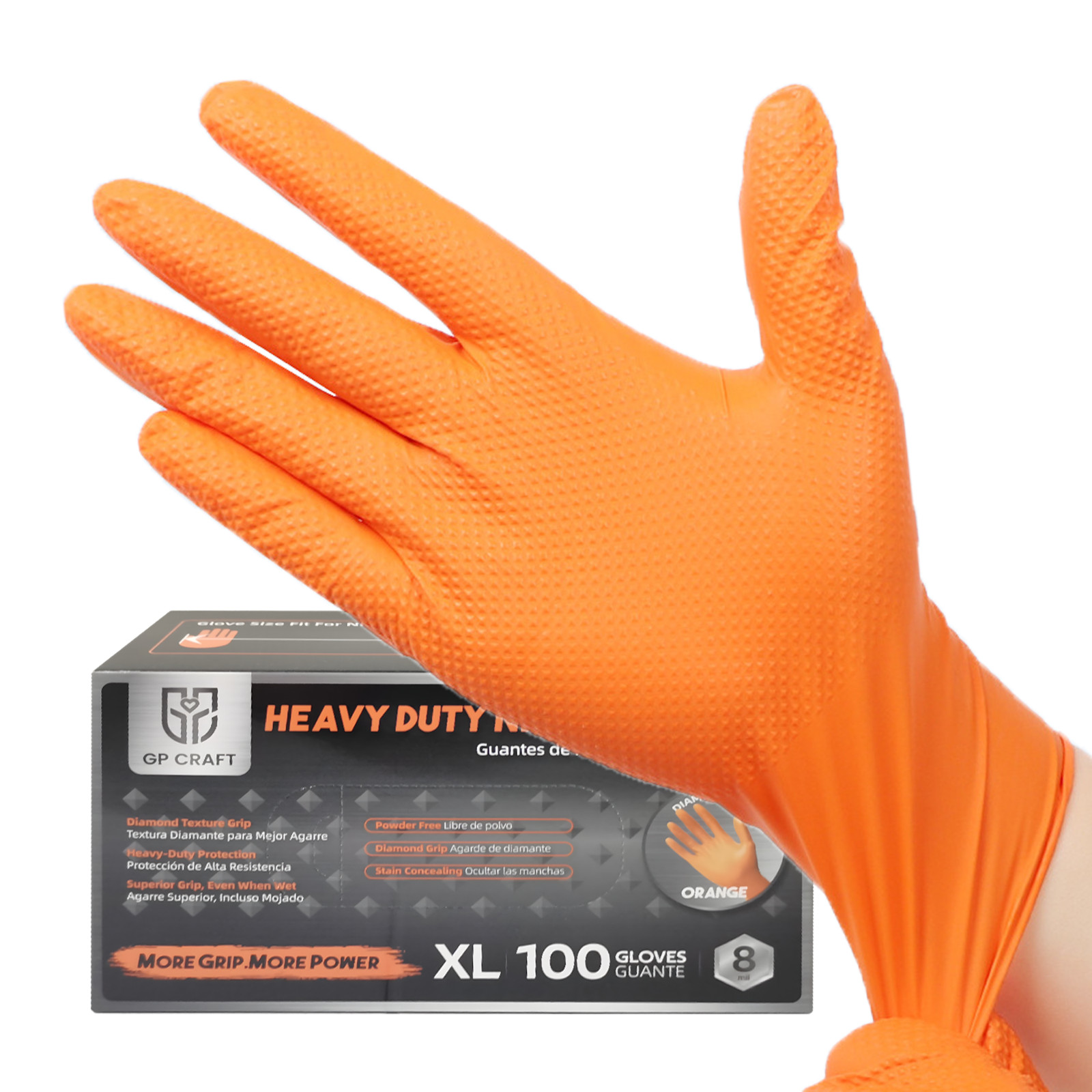 8Mil Orange Disposable Nitrile Gloves 3-Pack Diamond Grip Heavy Duty Latex Free