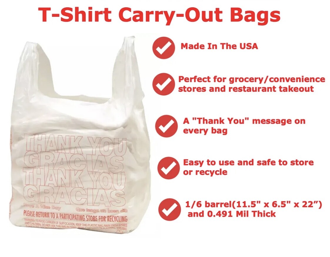 T Shirt Bags Plastic Grocery Shopping Carry Out Thank You Bag 11.5”x6.5”x22”