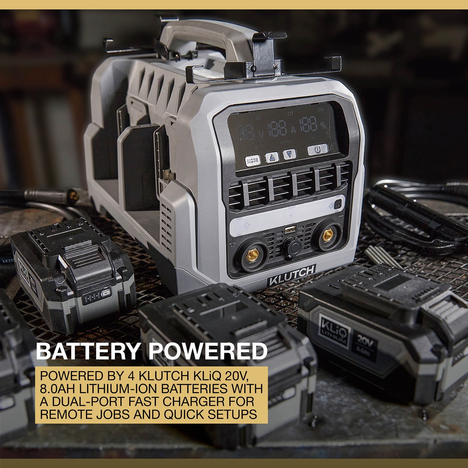 Klutch Cordless Welder Kit, KLiQ 20V, 200 Amps, 4-Pack 8.0Ah Batteries,