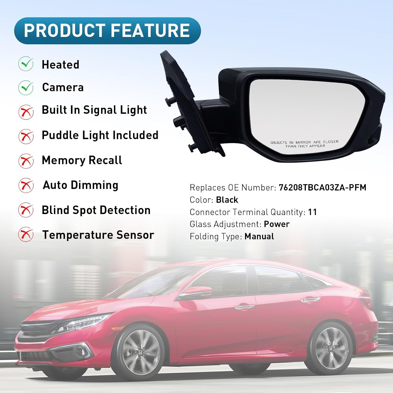 Passenger Side Mirror Compatible with Honda Civic 2016-2021 with Camera, Heated