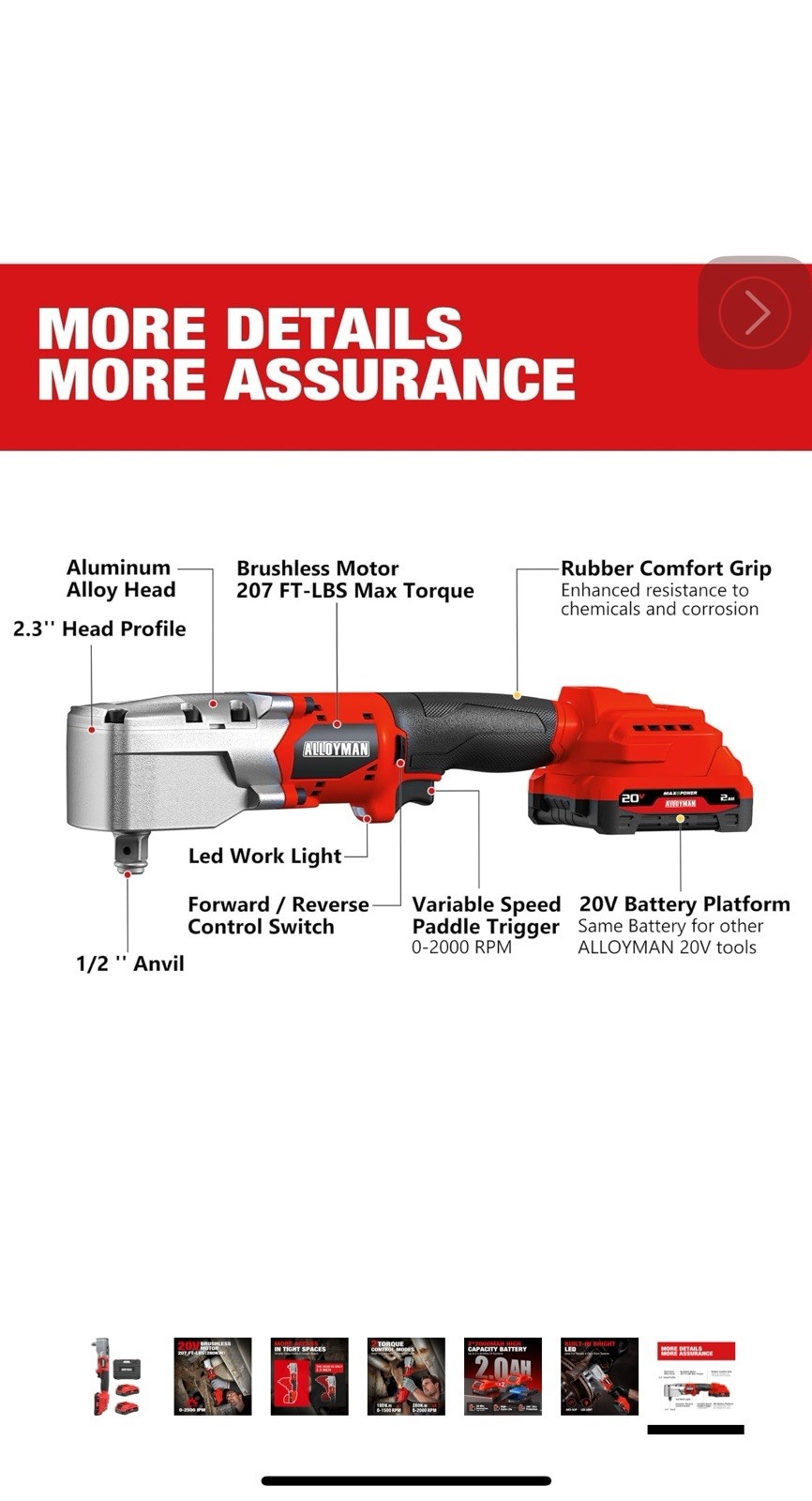 Alloyman 20V Brushless Right Angle Impact Wrench, 207 Ft-lbs（280N.Mᦀ