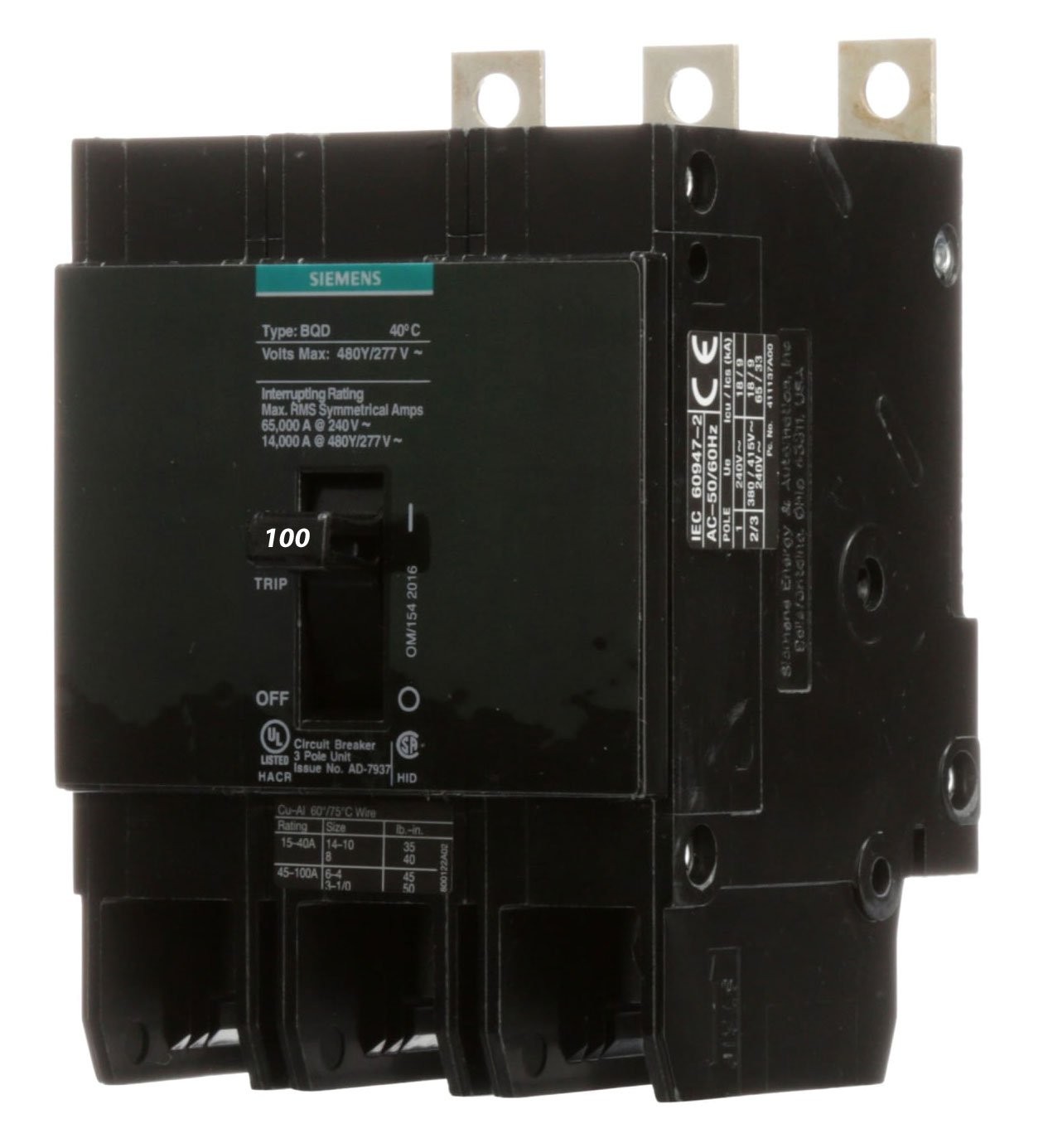 BQD3100 – Siemens 100 Amp 3 Pole 480 Volt Bolt-On Molded Case Circuit Breaker