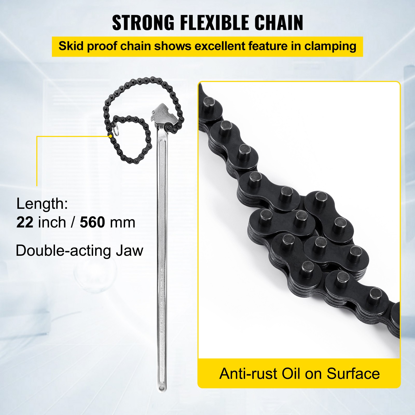 VEVOR 24″ Chain Wrench Steel Straight Handle Tool 22″ Chain 6.7″ Capacity