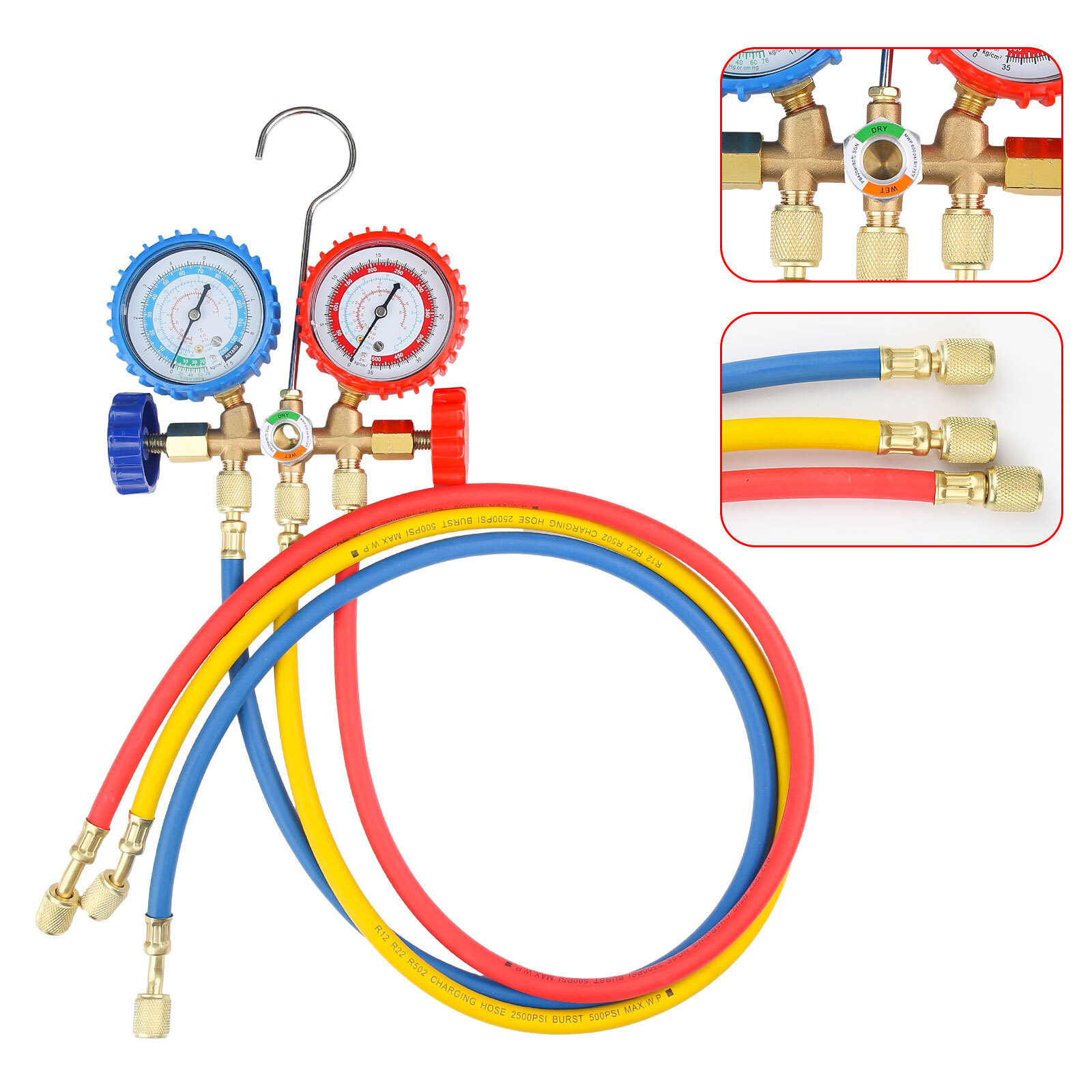 For R502 R134a R12 R22 AC Manifold Gauge Set A/C Refrigeration 3 Way Hose