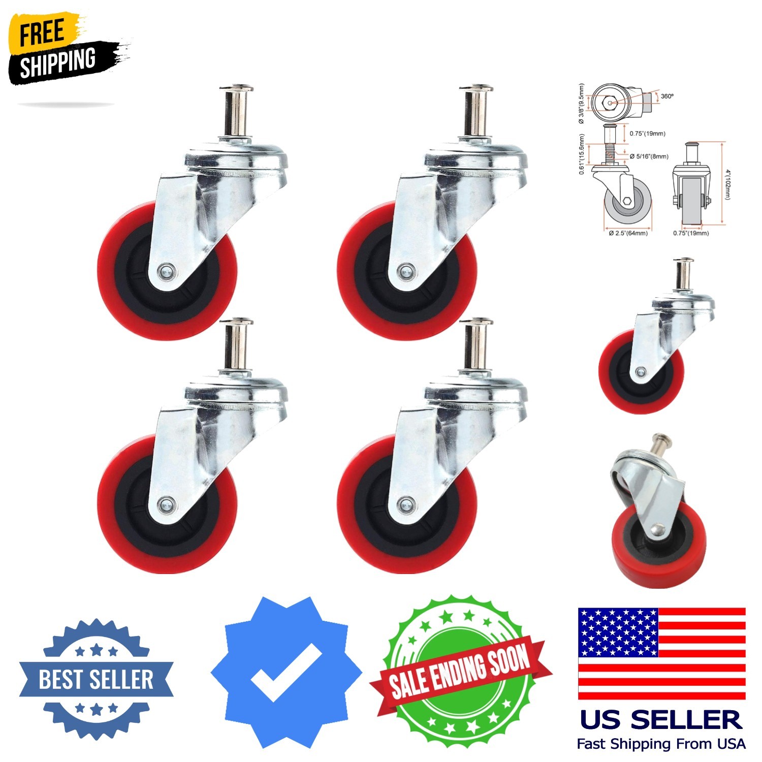 4 Pack Heavy-Duty 2.5″ Swivel Caster Wheel Creeper Service Cart Stool Post Mount