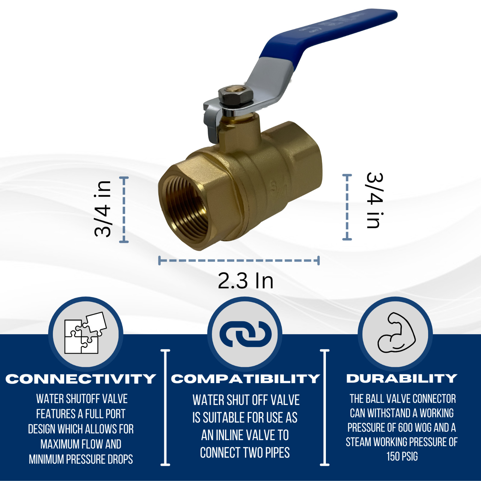 1) 3/4″ FEMALE THREADED BALL VALVE, LEAD FREE BRASS, 600 PSI, WATER OIL GAS