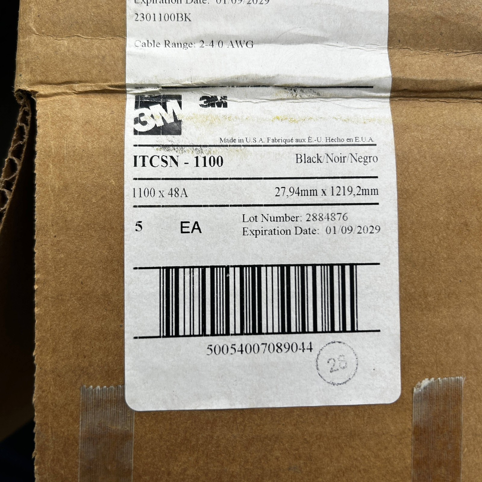 3M 7000132380 Heat Shrinkable Cable Sleeve ITCSN-1100x48A Black 2-4/0 AWG 5pk