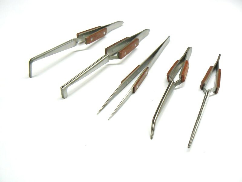 5 Tweezers Jewelry Soldering Fiber Grip Cross Locking Set Bent & Straight Tip