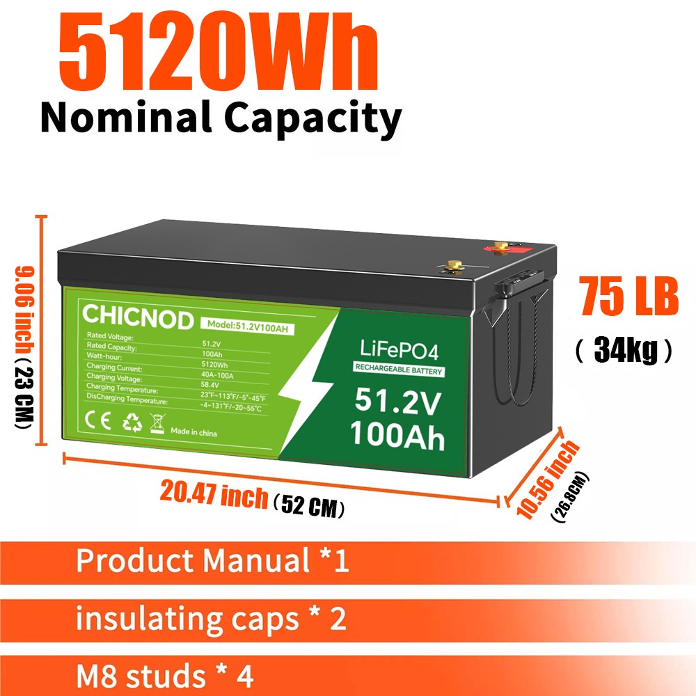 CHICNOD 48V 100Ah Golf Cart LiFePO4 Lithium Battery 5120Wh BMS+58.4V 20A Charger