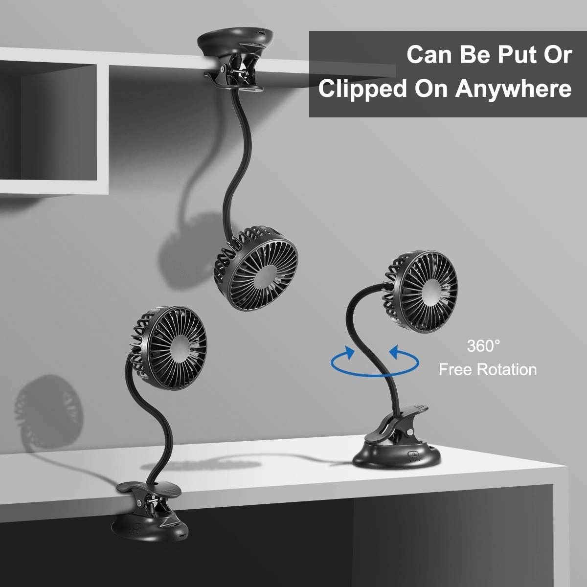 Clip On USB Mini Desk Fan with Emergency Power Bank 3 Speed Black