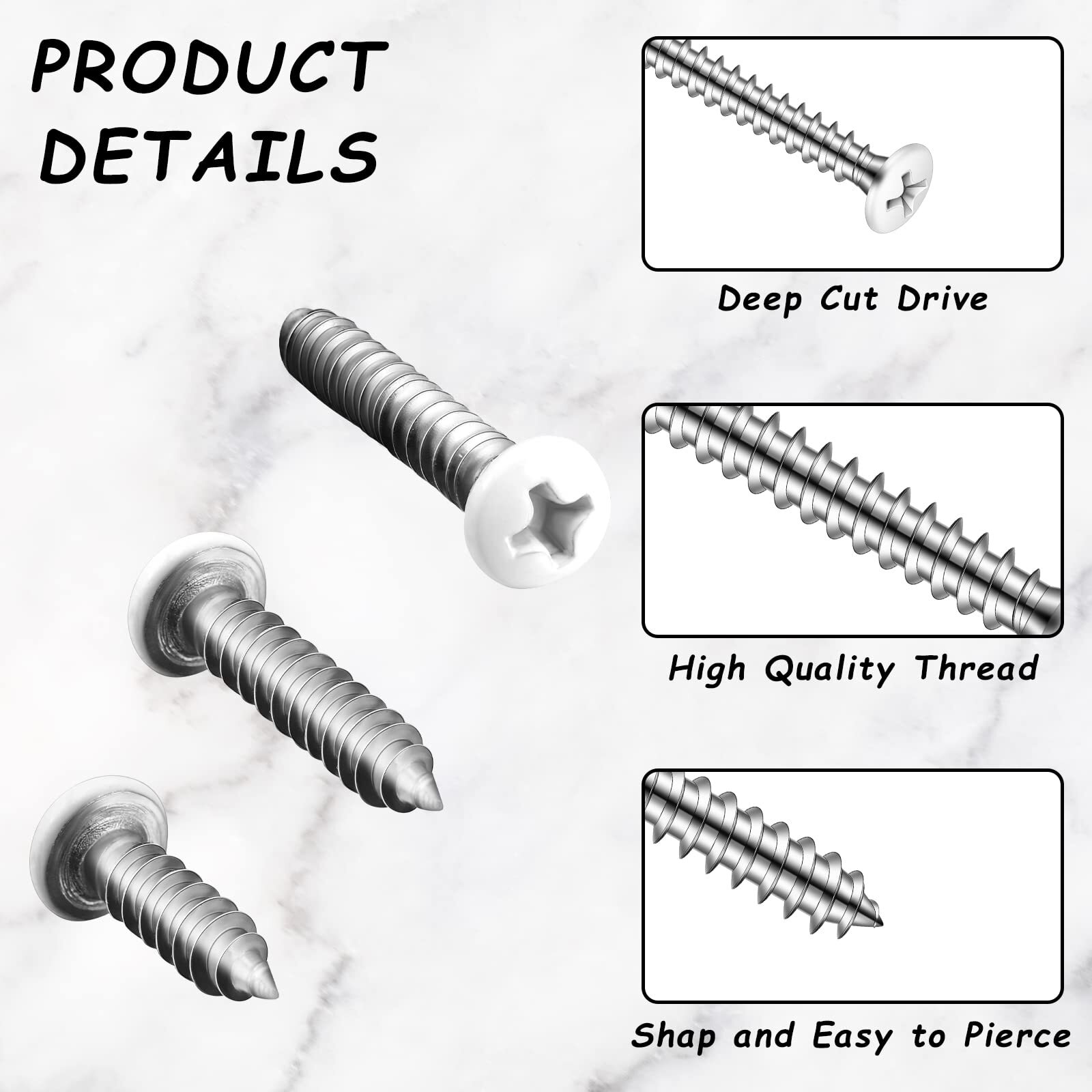 120 Pcs #8 White Head Wood Screws Self Tapping 3 Assorted Sizes for Wall