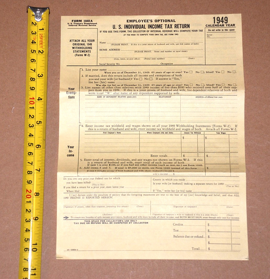 United States U.S. INDIVIDUAL INCOME TAX RETURN Form 1040A Unused IRS VTG 1949